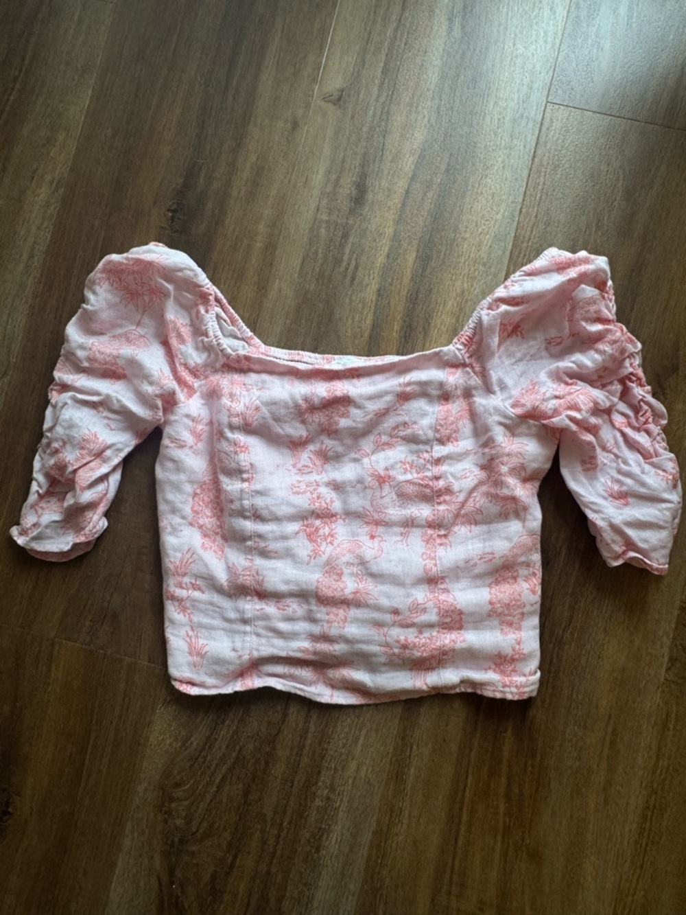 Cynthia Rowley 100% Linen Pink Toile Print Puff Sleeve Corset Top Cottagecore - Picture 5 of 12
